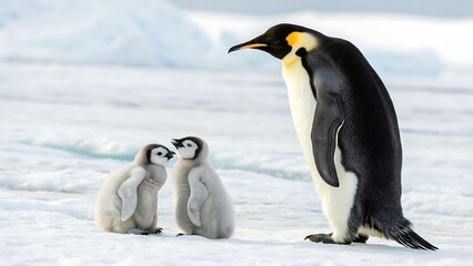 Obraz premium Emperor penguin, two fluffy penguin chicks, icy landscape, Antarctica