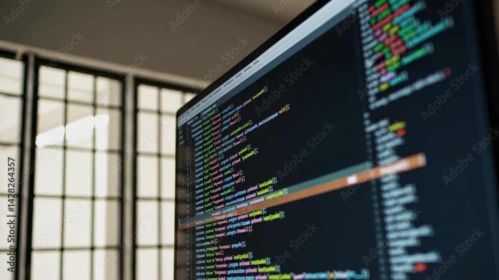 Aufkleber Colorful programming code scrolls on a computer monitor, set against a blurred office background with a window and soft lighting, suggesting a focused work environment