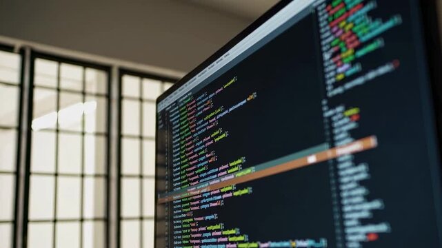 Colorful programming code scrolls on a computer monitor, set against a blurred office background with a window and soft lighting, suggesting a focused work environment
