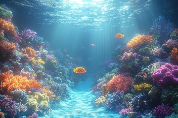 Naklejka premium Underwater scene depicting vibrant coral reefs and swimming fishes gracefully