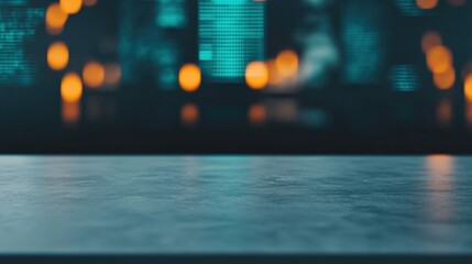 Futuristic cyber workspace with sleek concrete table and soft bokeh background