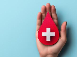 hands holding blood drop paper cut, blood transfusion, world blood donor day, red cross to give blood.world hemophilia day concept