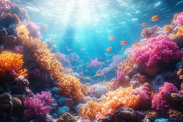 Fototapeta premium Colorful coral reef scene with fish swimming in the ocean water