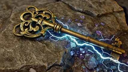 A vintage key lies on a rocky surface, surrounded by glowing crystals and electric sparks, evoking mystery - Powered by Adobe