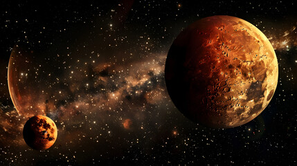 Abstract scene with two figures standing on a glowing platform with a lightning bolt in the center