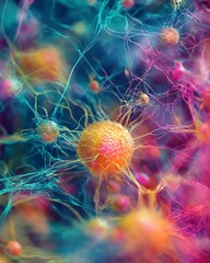 Obraz premium Representación artística de una red neuronal con células y conexiones vibrantes en tonos naranja, rosa y azul.