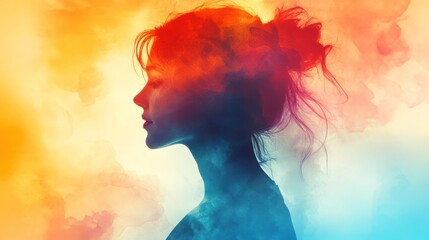 Womanâ€™s profile silhouette merging with a colorful watercolor splash. 