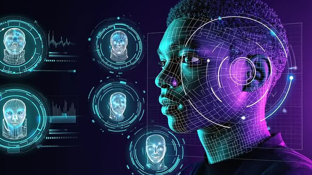 Young man with digital facial recognition technology overlay, exploring AI advancements in urban setting