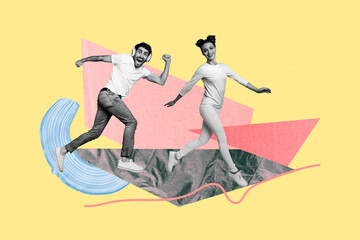 Art image composite photo collage of happy businessman run megaphone promote news inflation arrow...