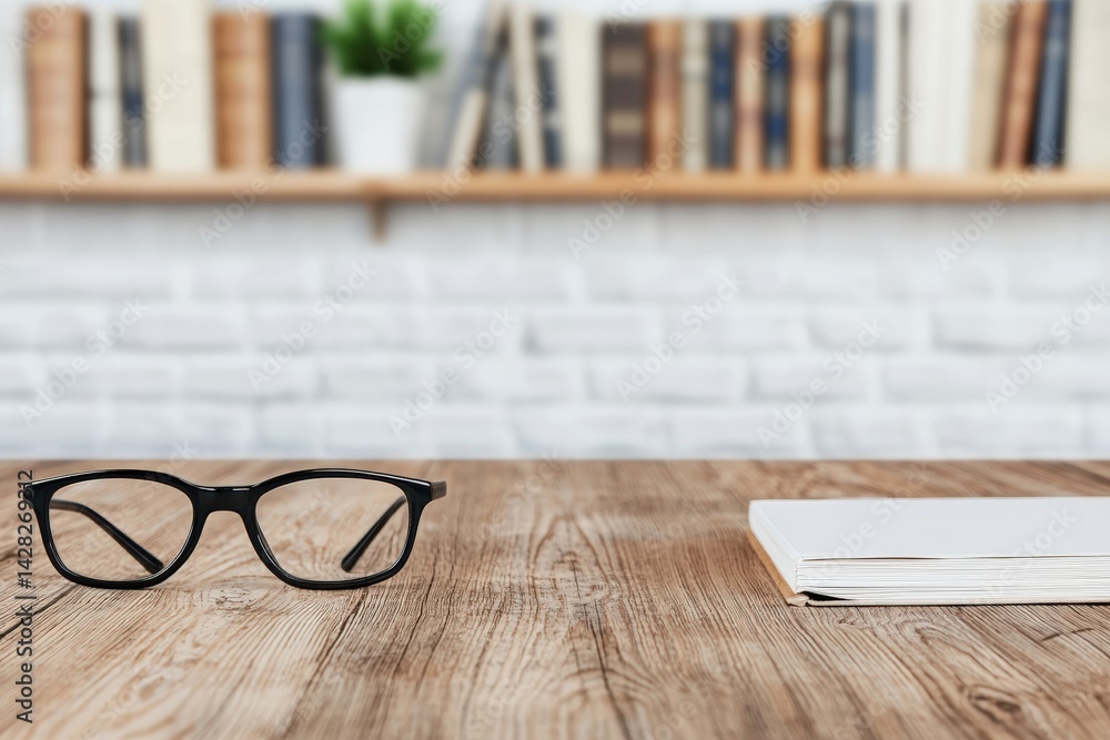 Poster eyeglasses and book resting on wooden desk with blurred bookshelf in background