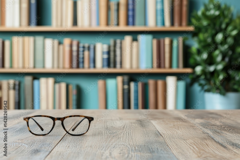 Aufkleber eyeglasses resting on wooden desk with blurred bookshelf in background, inviting study and scholarly