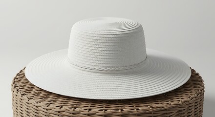 Elegant White Sun Hat on Wicker Surface