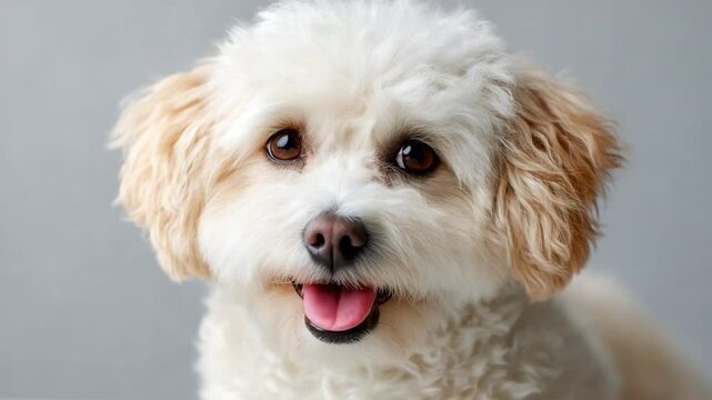 Cute, fluffy, smiling pup with soft, wavy cream-colored fur and open mouth