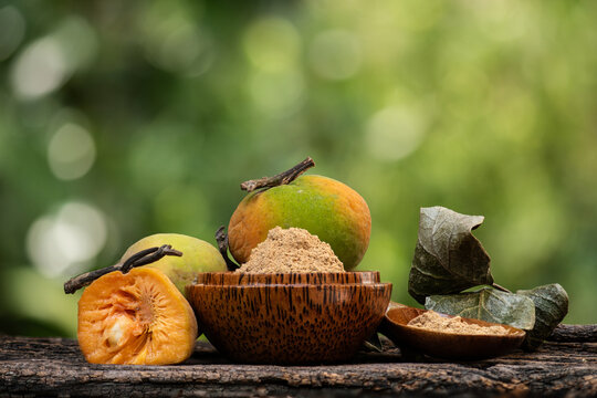 Monkey Fruit or Artocarpus lacucha Buch.-Ham. fruits and powder on natural background.