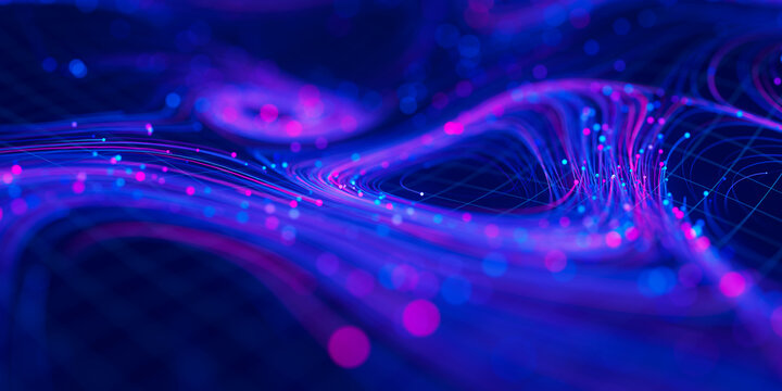 Closeup of Big data swirl patterns in futuristic cyberspace. Whirl flow of data in quantum digital network. Neon qubit stream with DOF.