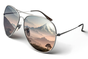 Stylish Round Sunglasses with Gradient Lenses on White Surface with reflected senery