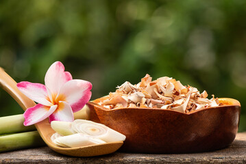 Fresh and dried lemon grass or cymbopogon citratus on natural background.