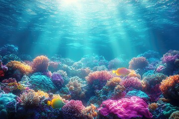 Fototapeta premium Underwater scene features vibrant coral reefs and sunshine illuminating the water