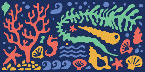 Vector illustration of underwater summer elements in wavy style — coral, shells, seaweed, waves. Bright marine set for packaging and textile.