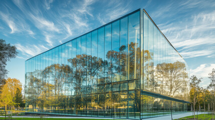 Fototapeta premium Sustainable Design: Glass Building Reflecting Trees and Blue Sky