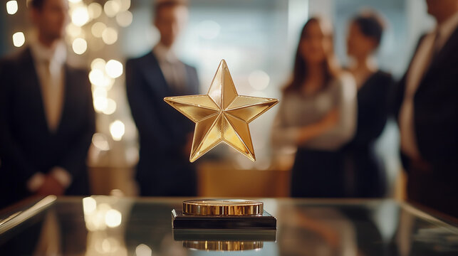 Celebrating Achievement: Star-Shaped Golden Trophy with Business Professionals in the Background