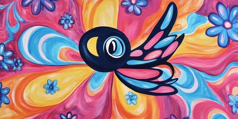 Fototapeta premium Vibrant bird in a swirl of colors and flowers.