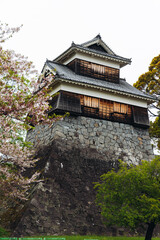 Kumamoto Castle, exterior view, Kumamoto city, Chuo-ku, Kyushu island region, Japan, spring landscape view and blooming sakura cherry blossom, Kumamoto prefecture, travel to Japan, Japanese castle