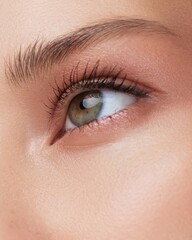 Obraz premium High-resolution macro image of a green-eyed woman with long lashes and soft nude eyeshadow. Perfect for skincare, cosmetics, beauty, or eye care product promotions and editorials.