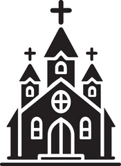 Black and White Village Church Silhouette Vector Illustration