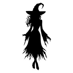 Black and White Witch Vector Silhouette Halloween and Fantasy Illustration