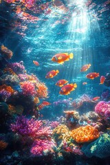 Obraz premium Vibrant coral reefs and colorful fish swim in the ocean
