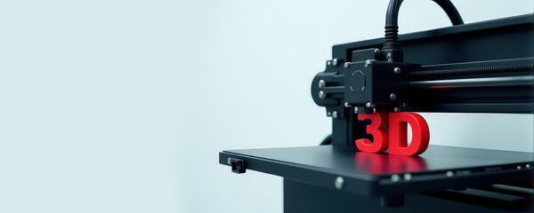 Advanced 3d printer creating vibrant red 3d text on smooth platform.