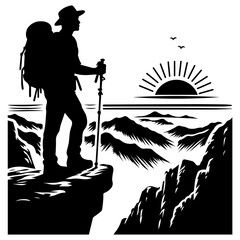 Black and White Man Standing on Mountain Vector Silhouette Adventure and Nature Illustration