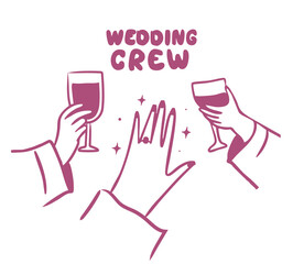 Bachelorette and bridesmaids tshirt print design, hand drawn outline illustration isolated