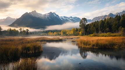 Naklejka premium Serene autumn landscape with misty mountains and calm river reflections fog sky blue wild view park