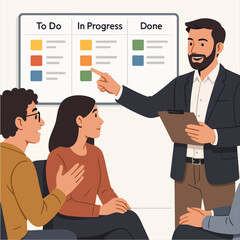 Team meeting discussing project progress using kanban board