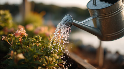 A metal watering can pours water over colorful garden flowers in golden hour light. The scene is calm --ar 16:9 --raw --profile rsi4yf2 --stylize 200 --v 7 Job ID: 45e2ffe8-a292-41aa-8b8f-883835a09426