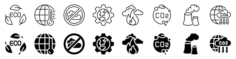 Climate change and CO2 emissions icon set. Linear and silhouette style.