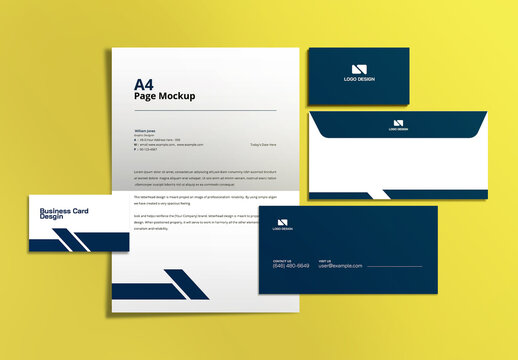 Stationery,Business Card, Envelope and A4 Page Mockup Design