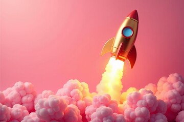 Sparkling golden rocket taking off against soft pink backdrop, backdrop, soft