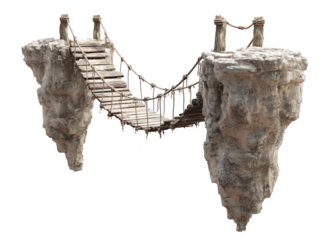 Ancient rope bridge connecting two stone cliffs dramatic fantasy landscape on transparent background