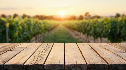 Empty wooden table showcasing blurred vineyard at sunset for organic product display