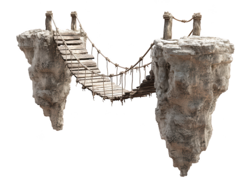 Ancient rope bridge connecting two stone cliffs dramatic fantasy landscape on transparent background