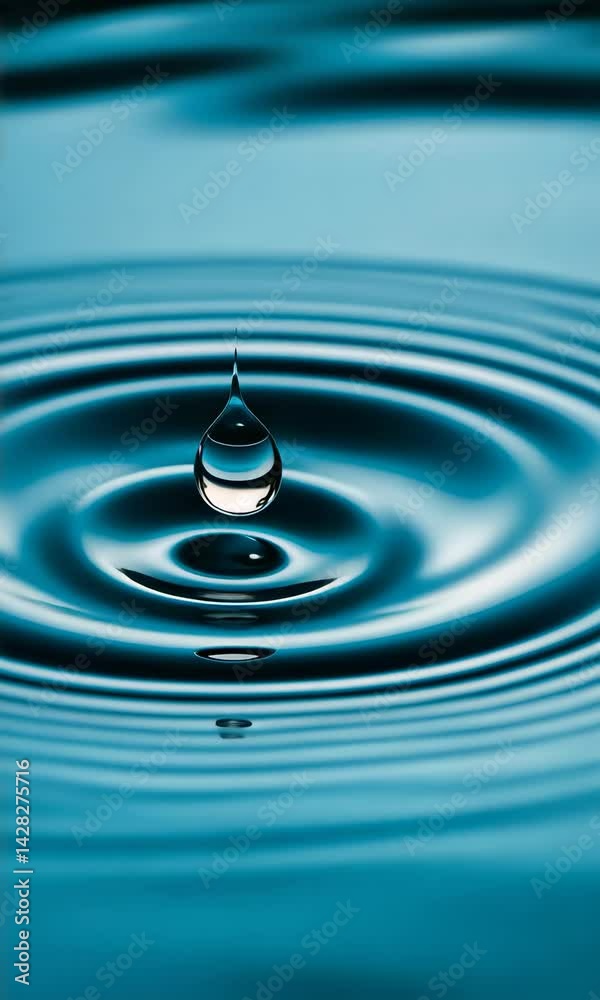 Poster Clean water drop falling and splashing on a calm blue water surface, creating perfect concentric ripples expanding outwards, suitable for backgrounds, presentations, and graphic design projects