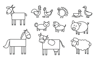 Outlined farm animals in a geometric, minimalist style. simple shapes: rectangles for bodies, circles for heads, and straight lines for legs and tails.
