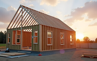 Newly constructed wooden house frame under a vibrant sunset sky during the building process