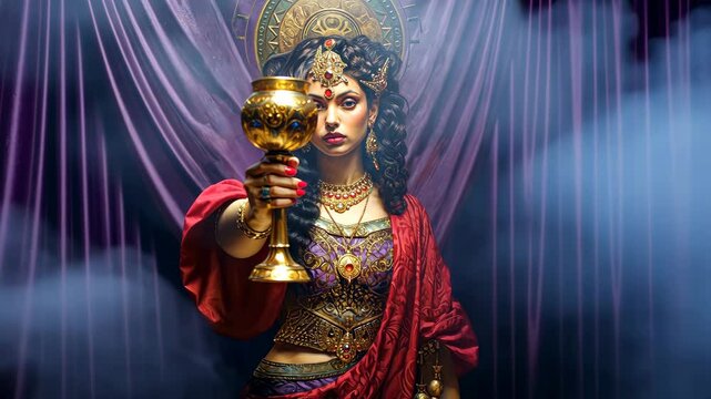 A woman living in luxury dressed in purple and scarlet holding a golden cup the Biblical Revelation prophecies 4K