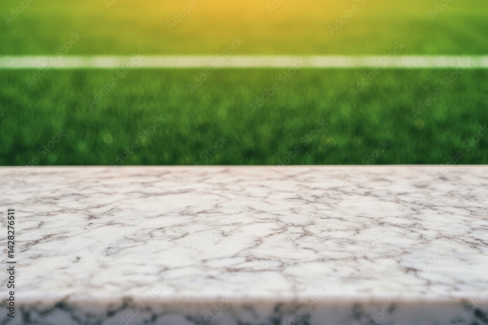 Poster Empty marble table displaying blurry soccer field background for product placement