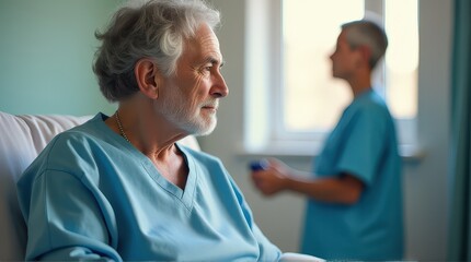 Obraz premium Elderly caucasian male patient in hospital scrubs observing room with nurse in background.