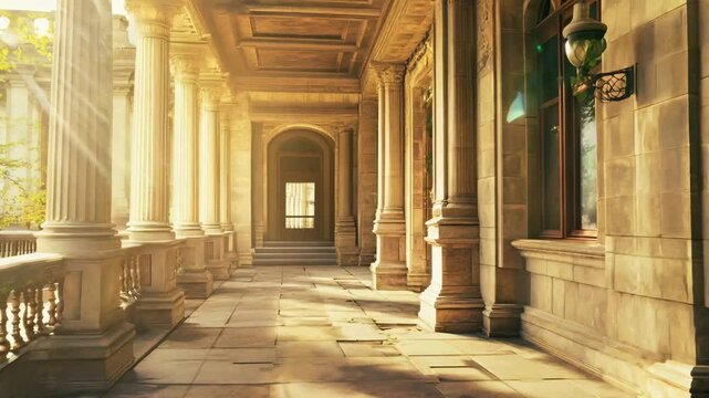 A beautifully lit stone colonnade with ornate columns and intricate architectural details, bathed in warm sunlight and casting soft shadows along the elegant walkway.